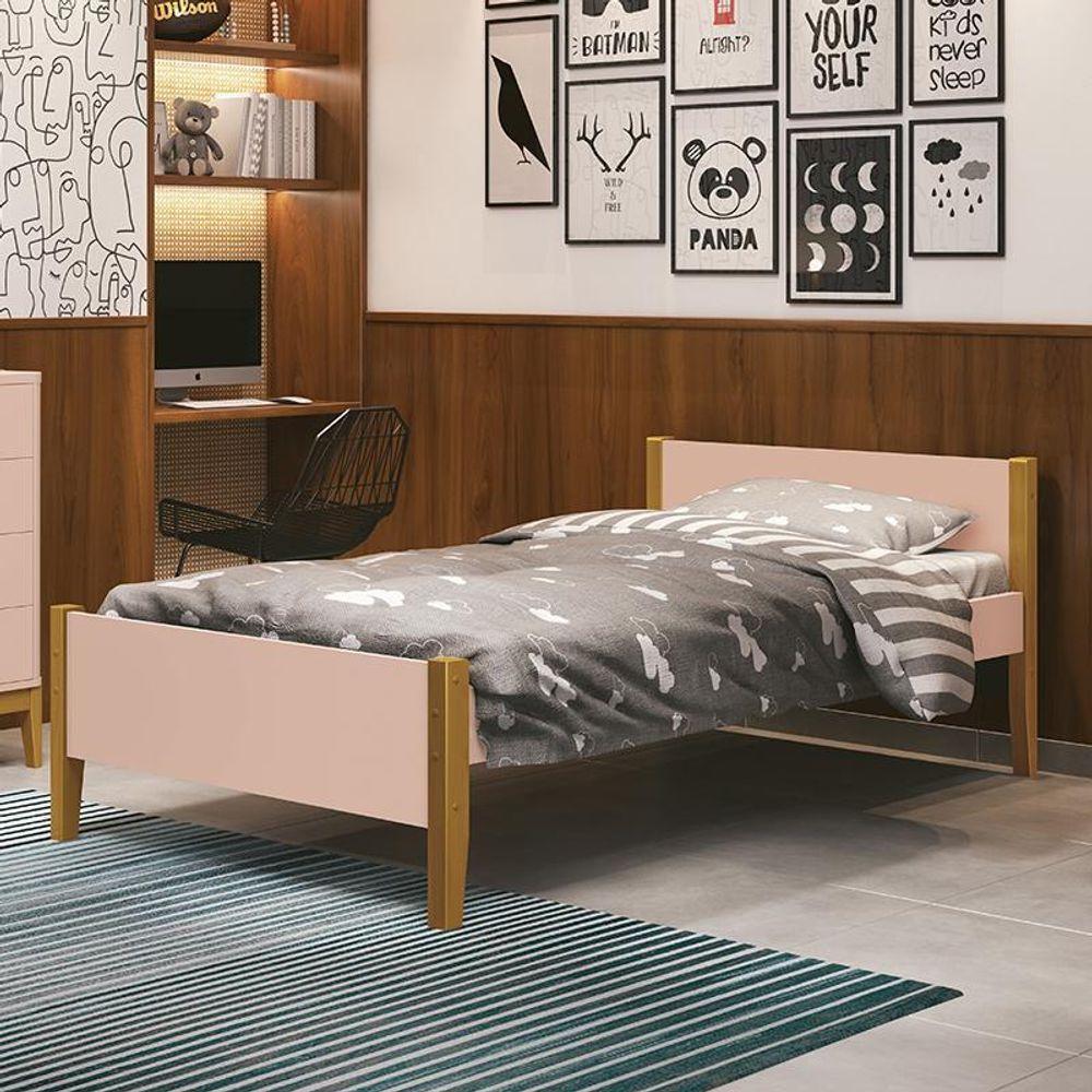 Cama Solteiro Simba Rosa Fosco Com Pés Amadeirado E Colchão D33 - Reller Móveis Rosa Fosco - 2