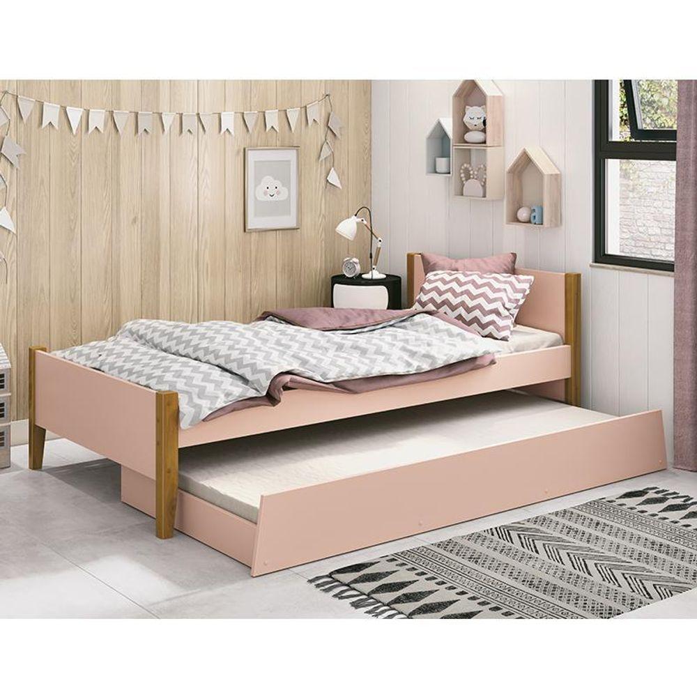 Bicama Solteiro Simba Rosa Fosco Com Pés Amadeirado E Colchões D20 E D33 - Reller Móveis Rosa Fosco - 3