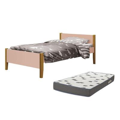 Cama Solteiro Simba Rosa Fosco Pés Amadeirado Com Colchão D33 - Reller Móveis Rosa Fosco