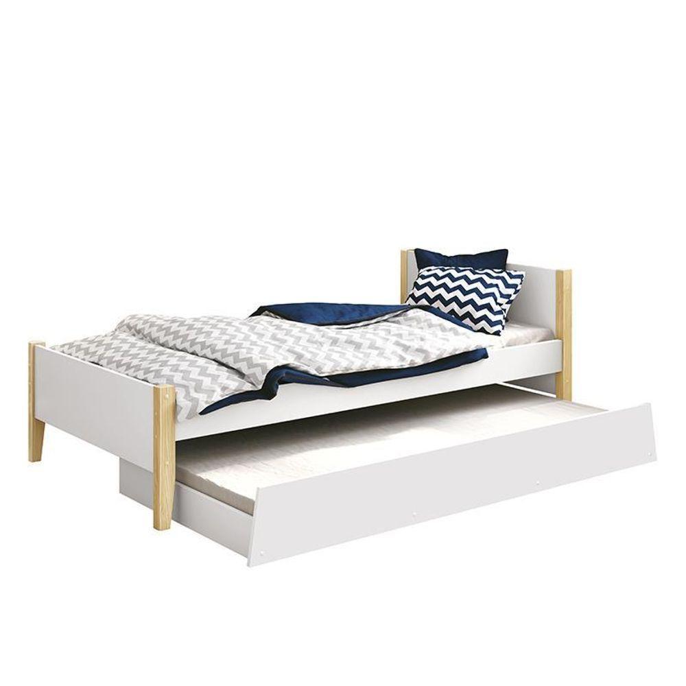 Bicama Solteiro Simba Branco Fosco Com Pés Madeira Natural E Colchões D20 E D33 - Reller Móveis Branco Fosco - 1