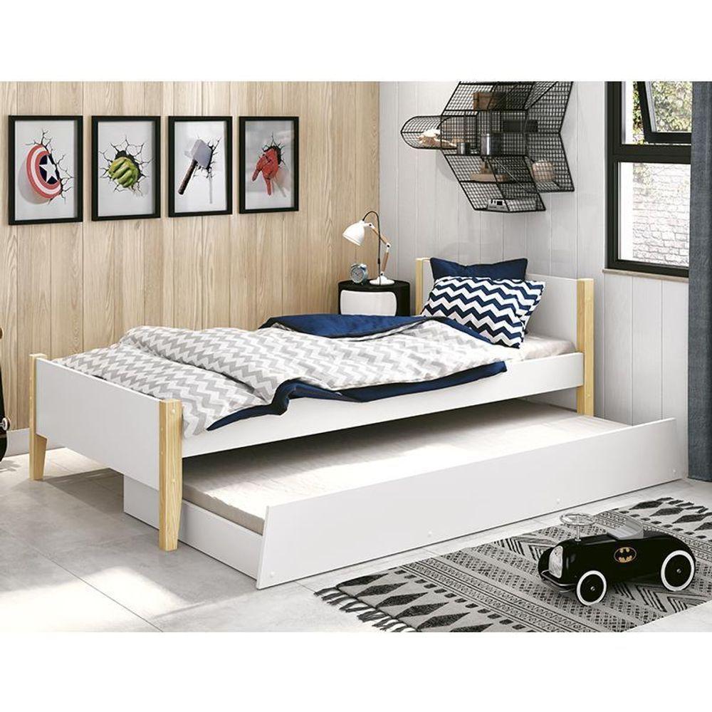 Bicama Solteiro Simba Branco Fosco Com Pés Madeira Natural E Colchões D20 E D33 - Reller Móveis Branco Fosco - 3