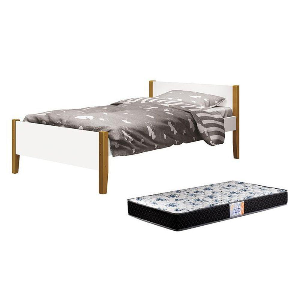 Cama Solteiro Simba Branco Fosco Com Pés Amadeirado E Colchão D33 - Reller Móveis Branco Fosco - 1