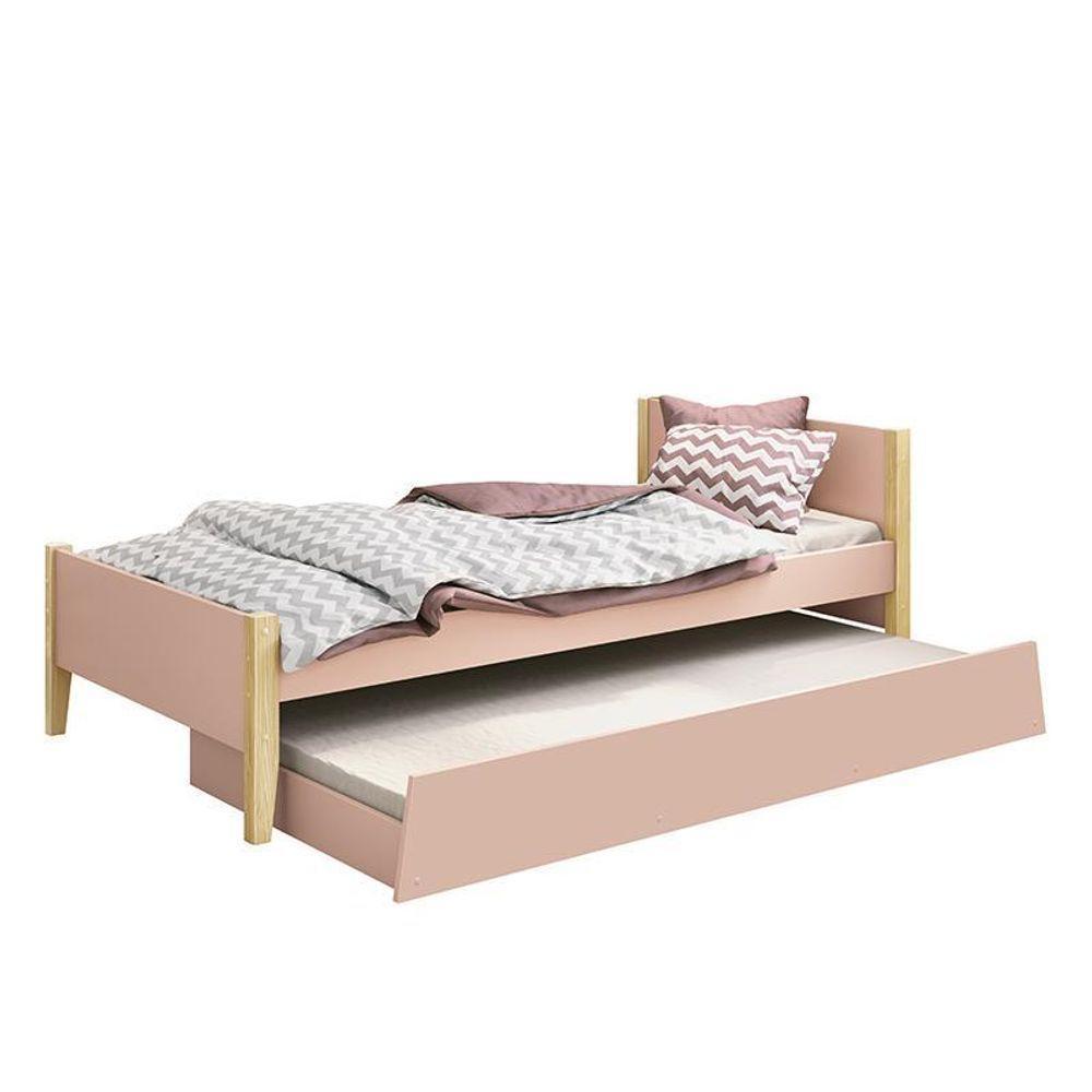 Bicama Solteiro Simba Rosa Fosco Com Pés Madeira Natural - Reller Móveis Rosa Fosco - 1