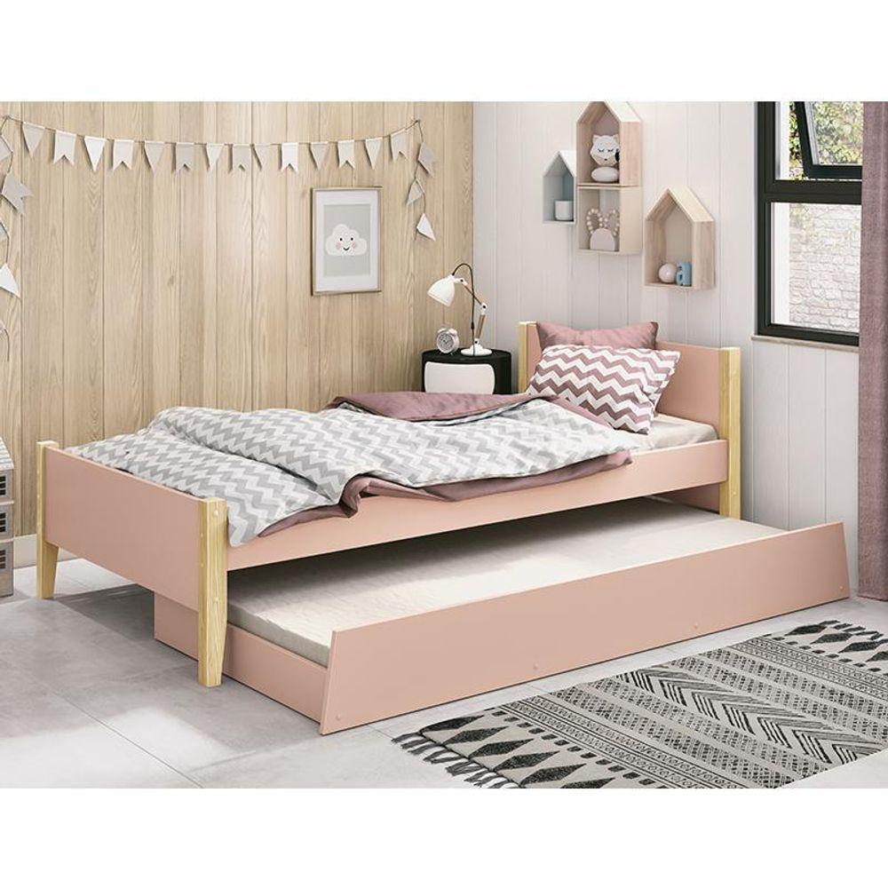 Bicama Solteiro Simba Rosa Fosco Com Pés Madeira Natural - Reller Móveis Rosa Fosco - 2