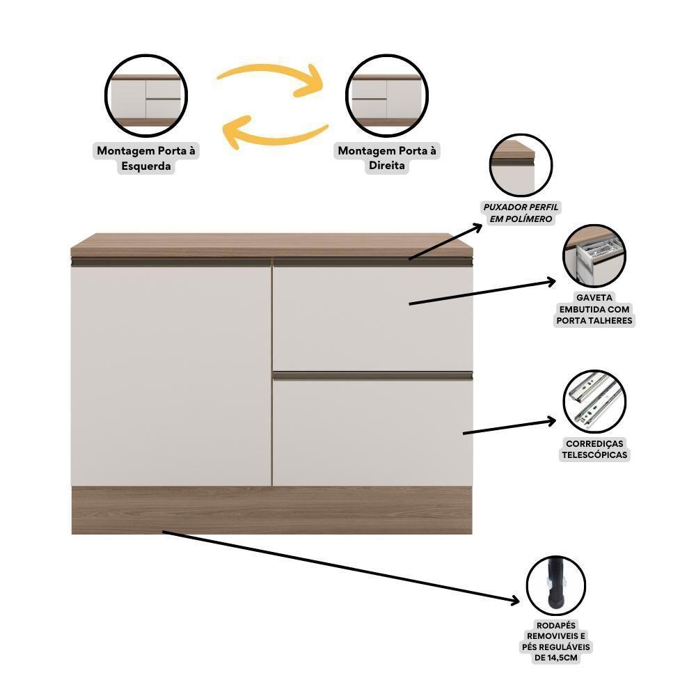 Balcao Com Tampo 120 Com 1 porta 2 gavetas Etti Carvalho Off White Pln - 4