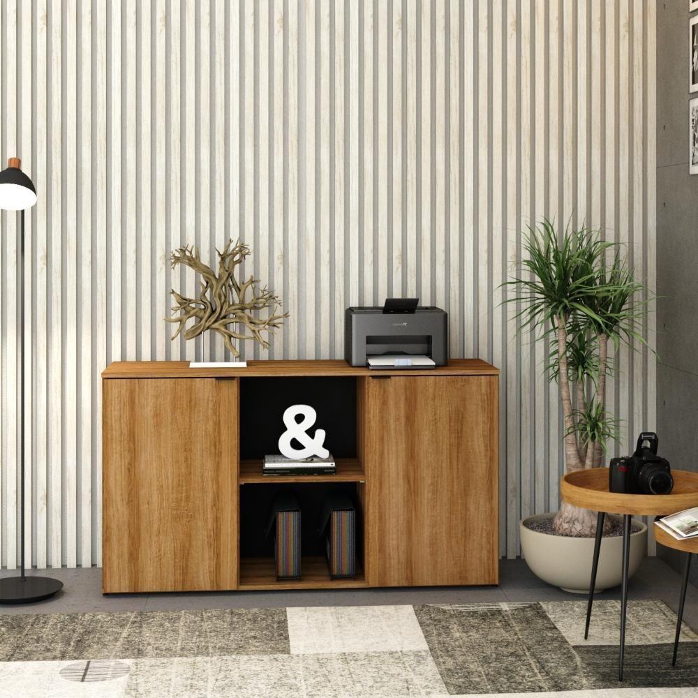 Armário Baixo Com 02 Portas E Nicho 75x135x42cm Wlab135 Preto Lâmina Mel - 6