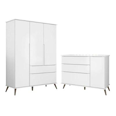 Jogo De Quarto Infantil Guarda Roupa 3 Portas E Cômoda 1 Porta 3 Gavetas 100% Mdf P04 Mel Branco