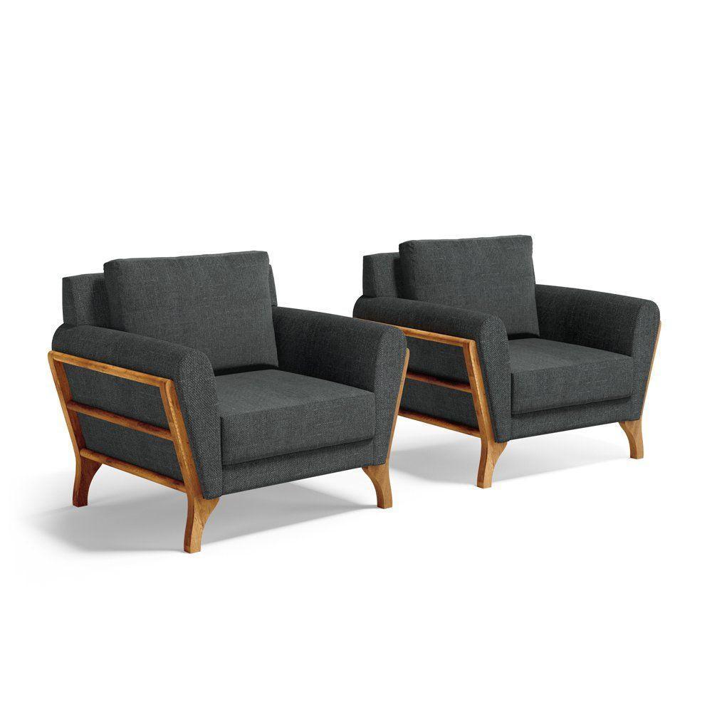 Kit 2 Poltronas Sabrina De Madeira Maciça Com Almofada Linho Chumbo 406 - 1