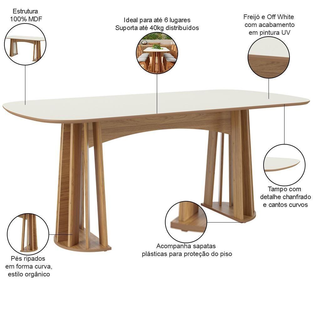 Mesa De Jantar 6 Lugares Pés Ripado Orgânico 180cm Dalí D03 Off White Freijó - Lyam Decor - 4