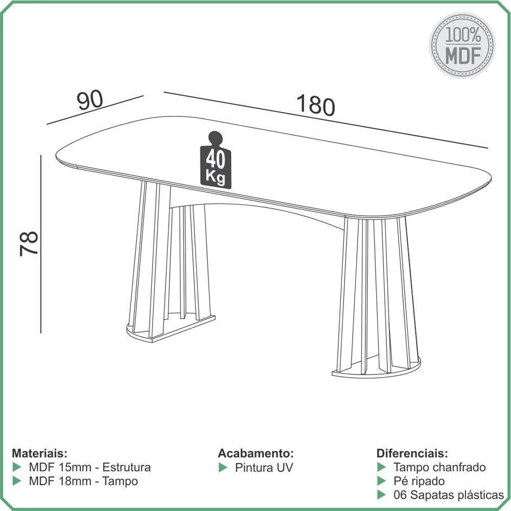 Mesa De Jantar 6 Lugares Pés Ripado Orgânico 180cm Dalí D03 Off White Freijó - Lyam Decor - 5