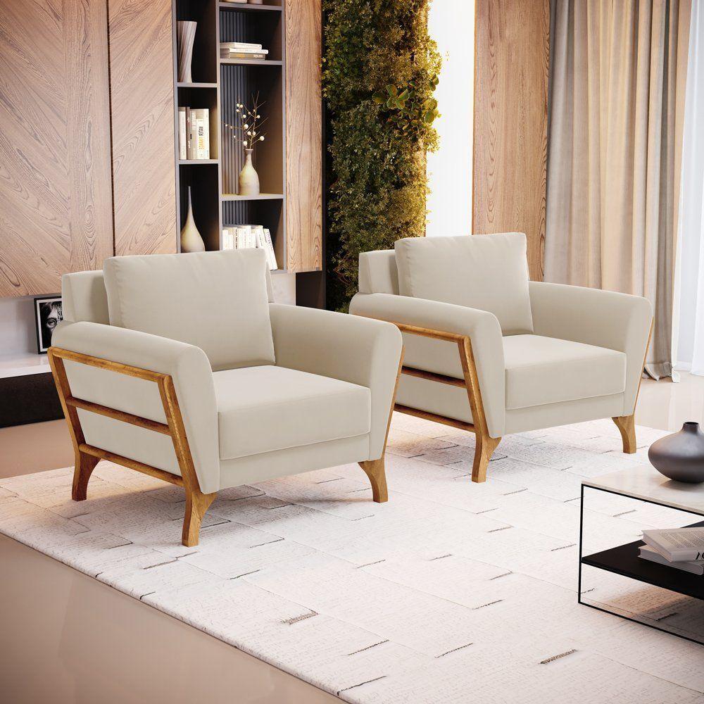 Kit 2 Poltronas Sabrina De Madeira Maciça Com Almofada Veludo Bege 102 - 3