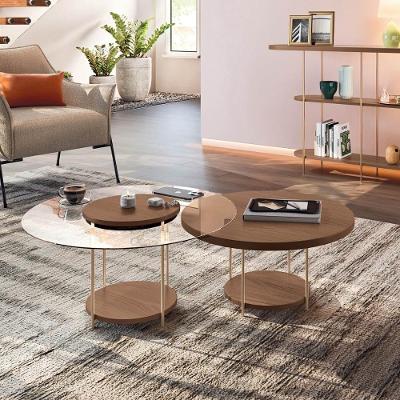 Kit De Mesa De Centro Sky Com Pés Em Aço E Tampo Vidro E Mdf Castanho