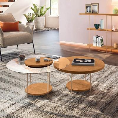 Kit De Mesa De Centro Sky Com Pés Em Aço E Tampo Vidro E Mdf Cinamomo