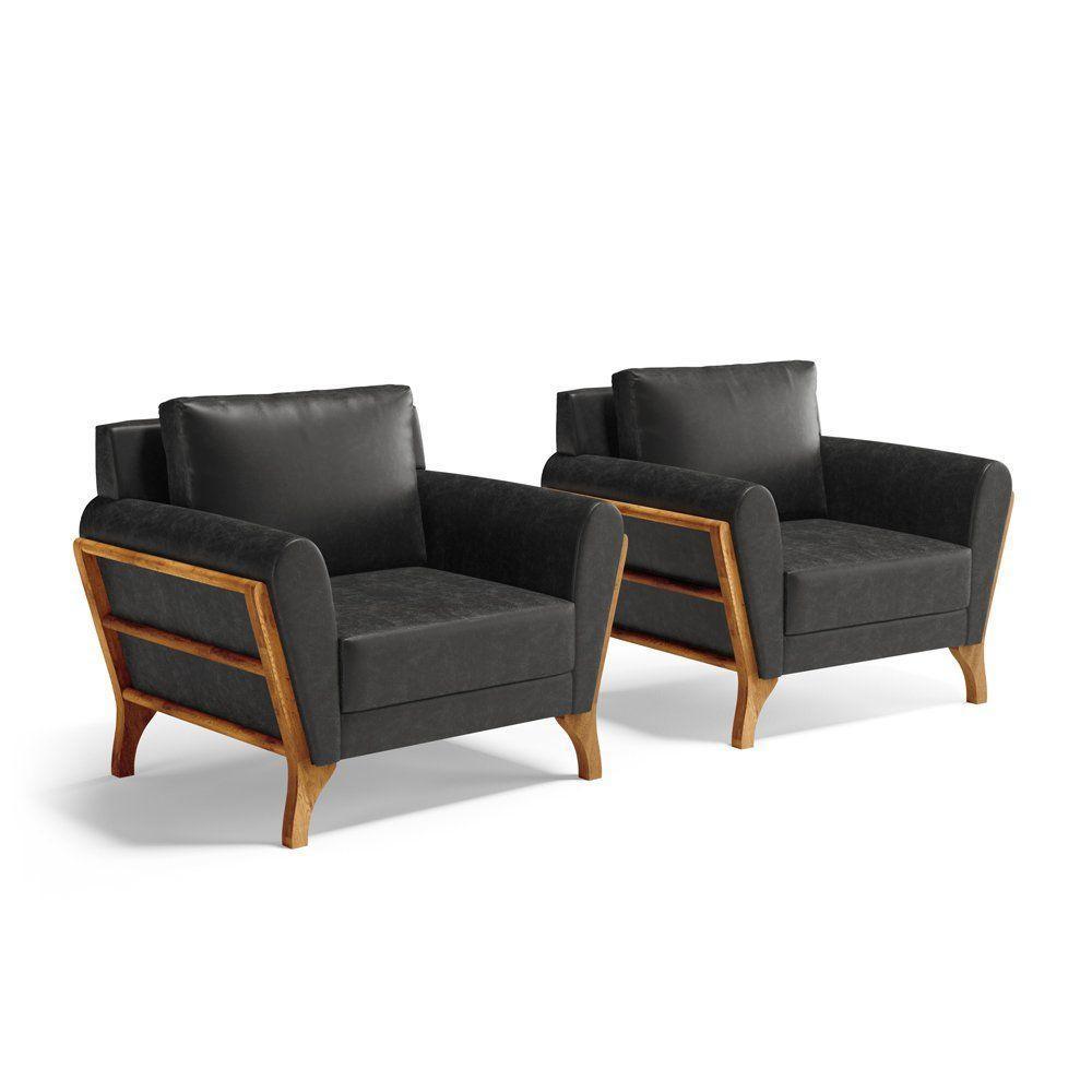 Kit 2 Poltronas Sabrina De Madeira Maciça Com Almofada Courino Preto 503 - 1