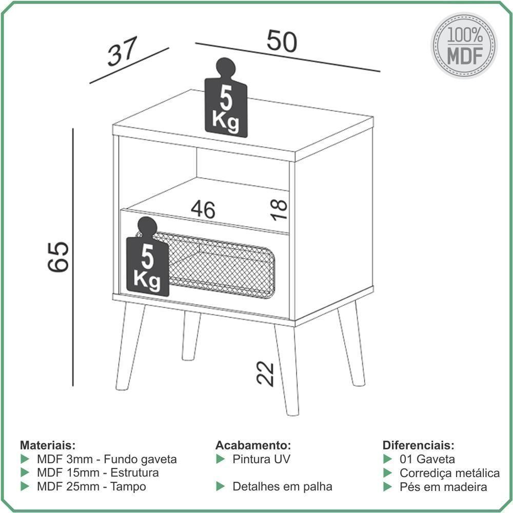 Kit 02 Mesas De Cabeceira 1 Gaveta Com Palhinha Natural Zack D03 Freijó - Lyam Decor - 2