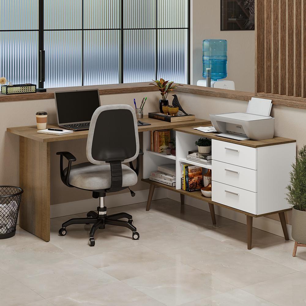Mesa De Escritório Em L 3 Gavetas Branco/rustic Lisboa Madesa Branco/rustic - 1
