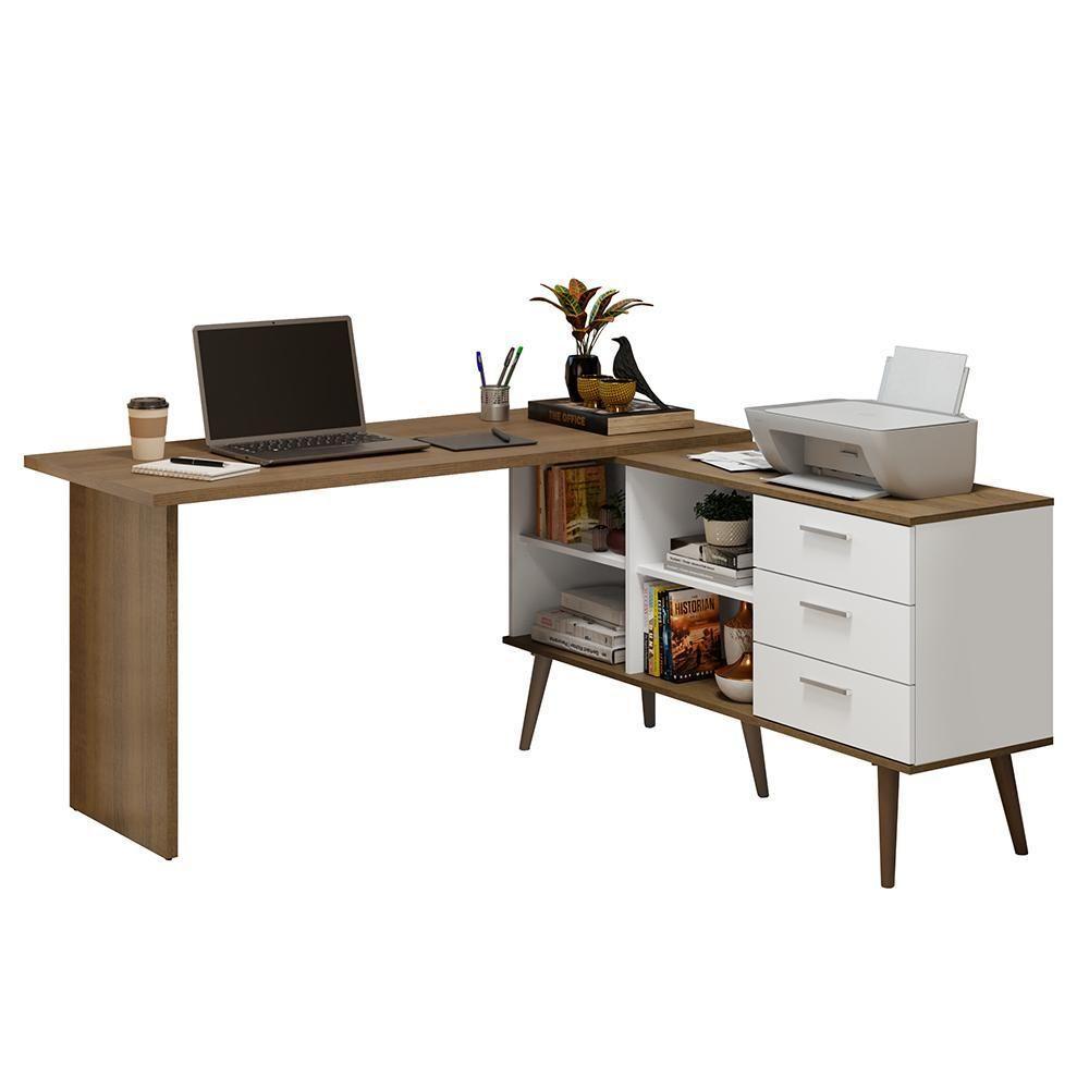 Mesa De Escritório Em L 3 Gavetas Branco/rustic Lisboa Madesa Branco/rustic - 2