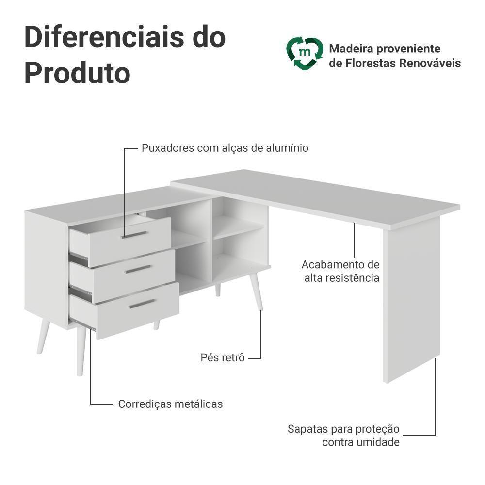 Mesa De Escritório Em L 3 Gavetas Branco Lisboa Madesa Xa Branco - 5