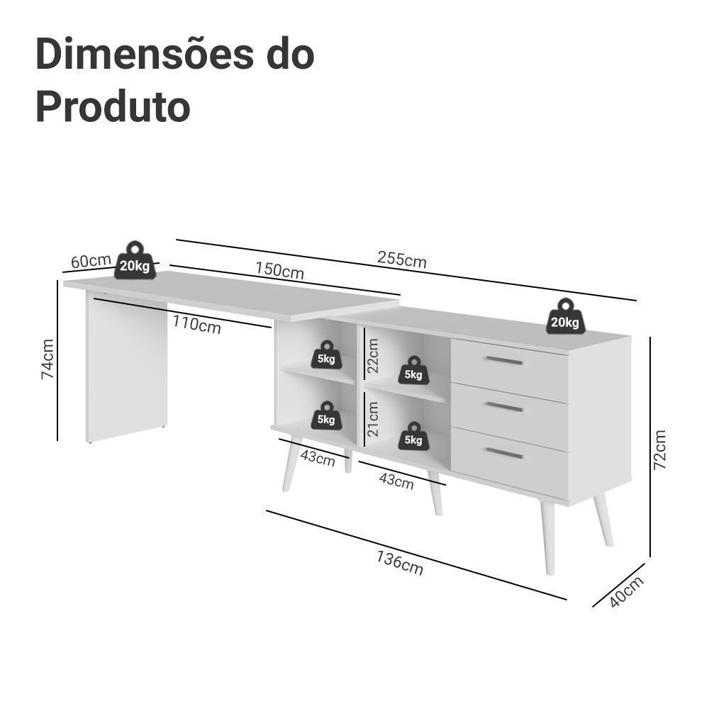 Mesa De Escritório Em L 3 Gavetas Branco Lisboa Madesa Branco - 6