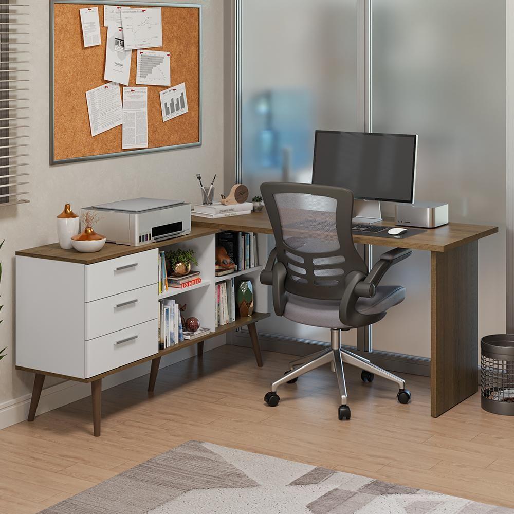 Mesa De Escritório Em L 3 Gavetas Lisboa Madesa Xa Branco/rustic - 1