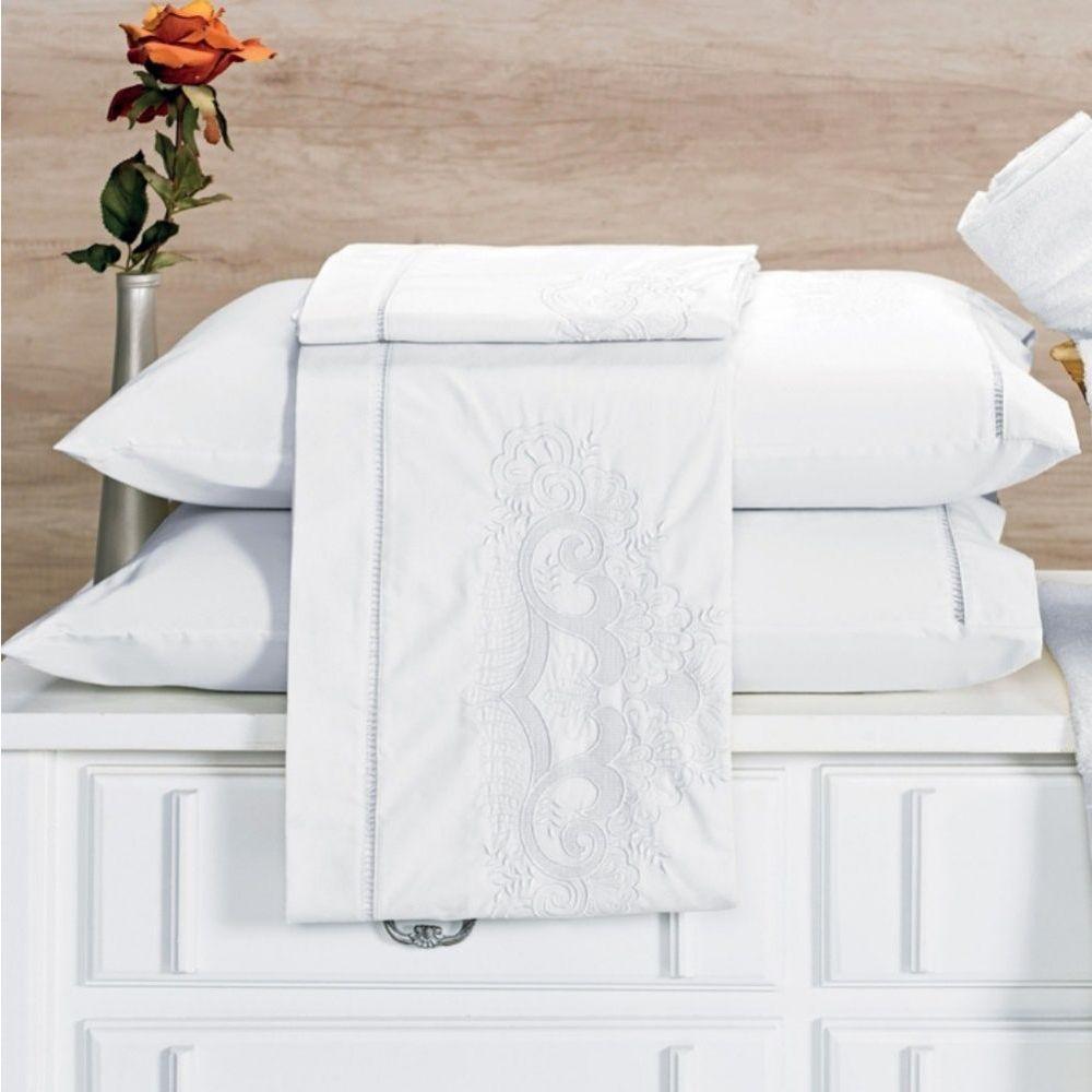 Jogo De Lençol Queen Bordado 100% Algodão 4 Peças Topázio - Branco - 1