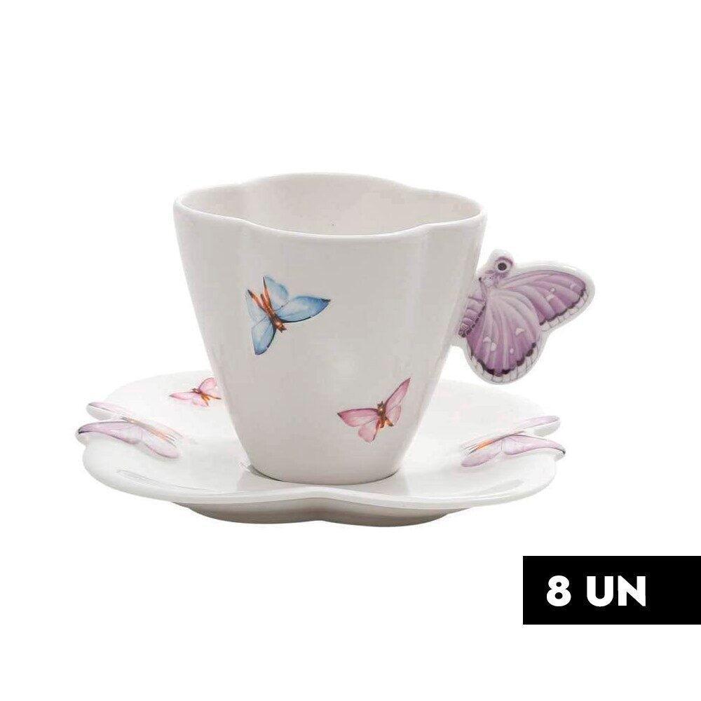 Jogo 8 Xícaras De Café Com Pires Borboletas 100ml Wolff - 2