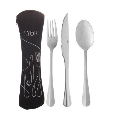 Conjunto 3 Talheres Viagem Marmita Com Estojo Portátil Garfo Faca E Colher Em Aço Inox Lyor