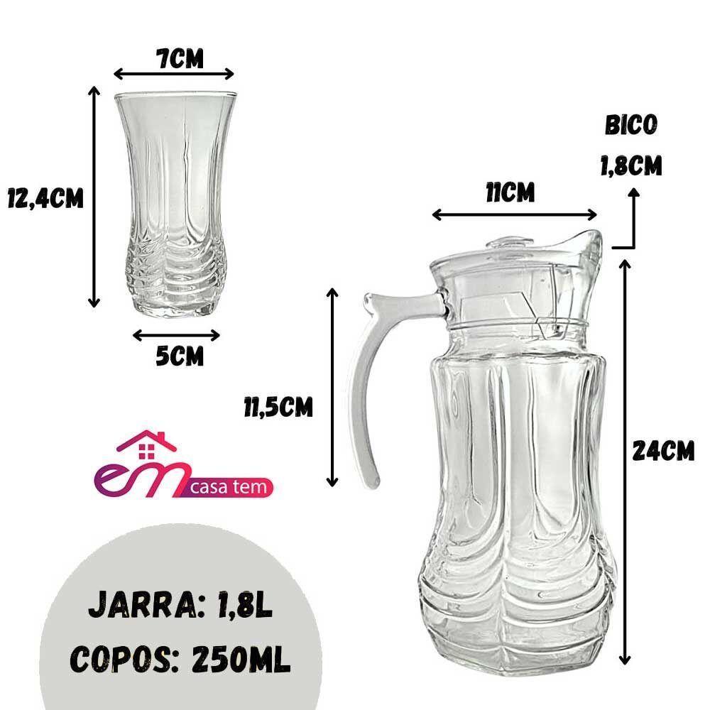 Conjunto Jarra De Vidro 1,8l E 6 Copos 250ml Emcasatem - 2