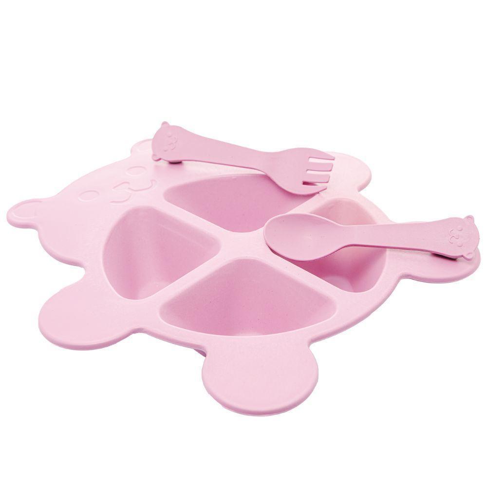 Conjunto 3 Peças Prato Infantl Com Divisórias Colher E Garfo Em Bambu Rosa Bear Urso Lyor - 1