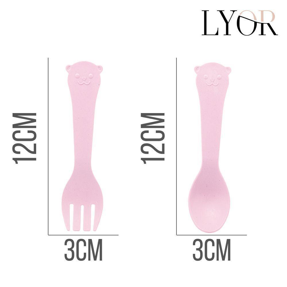 Conjunto 3 Peças Prato Infantl Com Divisórias Colher E Garfo Em Bambu Rosa Bear Urso Lyor - 4