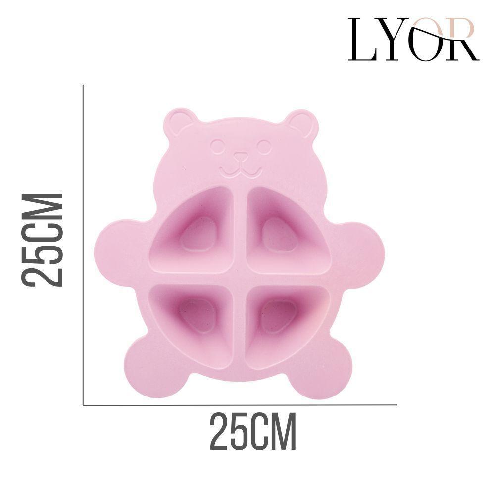 Conjunto 3 Peças Prato Infantl Com Divisórias Colher E Garfo Em Bambu Rosa Bear Urso Lyor - 5