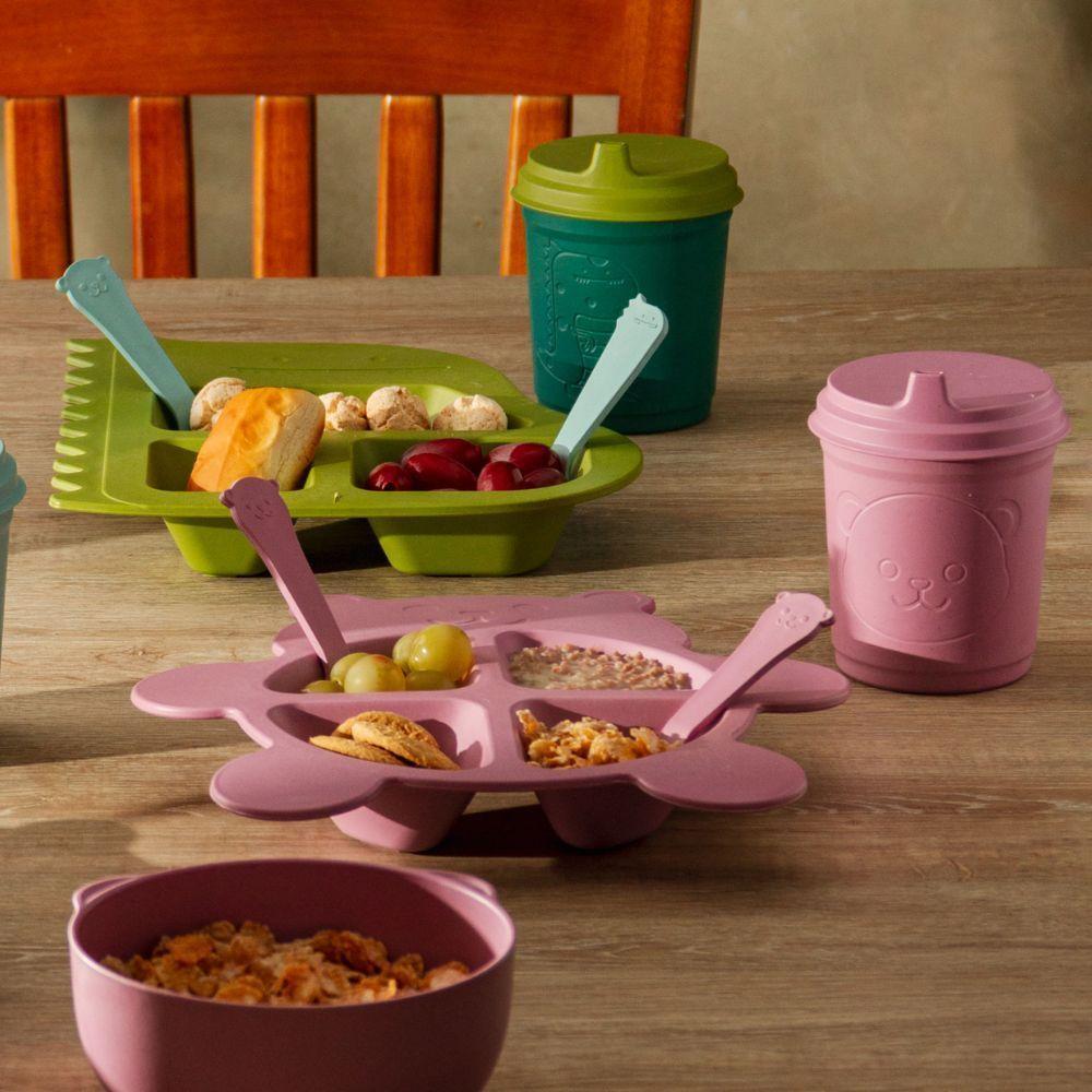 Conjunto 3 Peças Prato Infantl Com Divisórias Colher E Garfo Em Bambu Rosa Bear Urso Lyor - 7