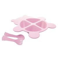 Conjunto 3 Peças Prato Infantl Com Divisórias Colher E Garfo Em Bambu Rosa Bear Urso Lyor - 3