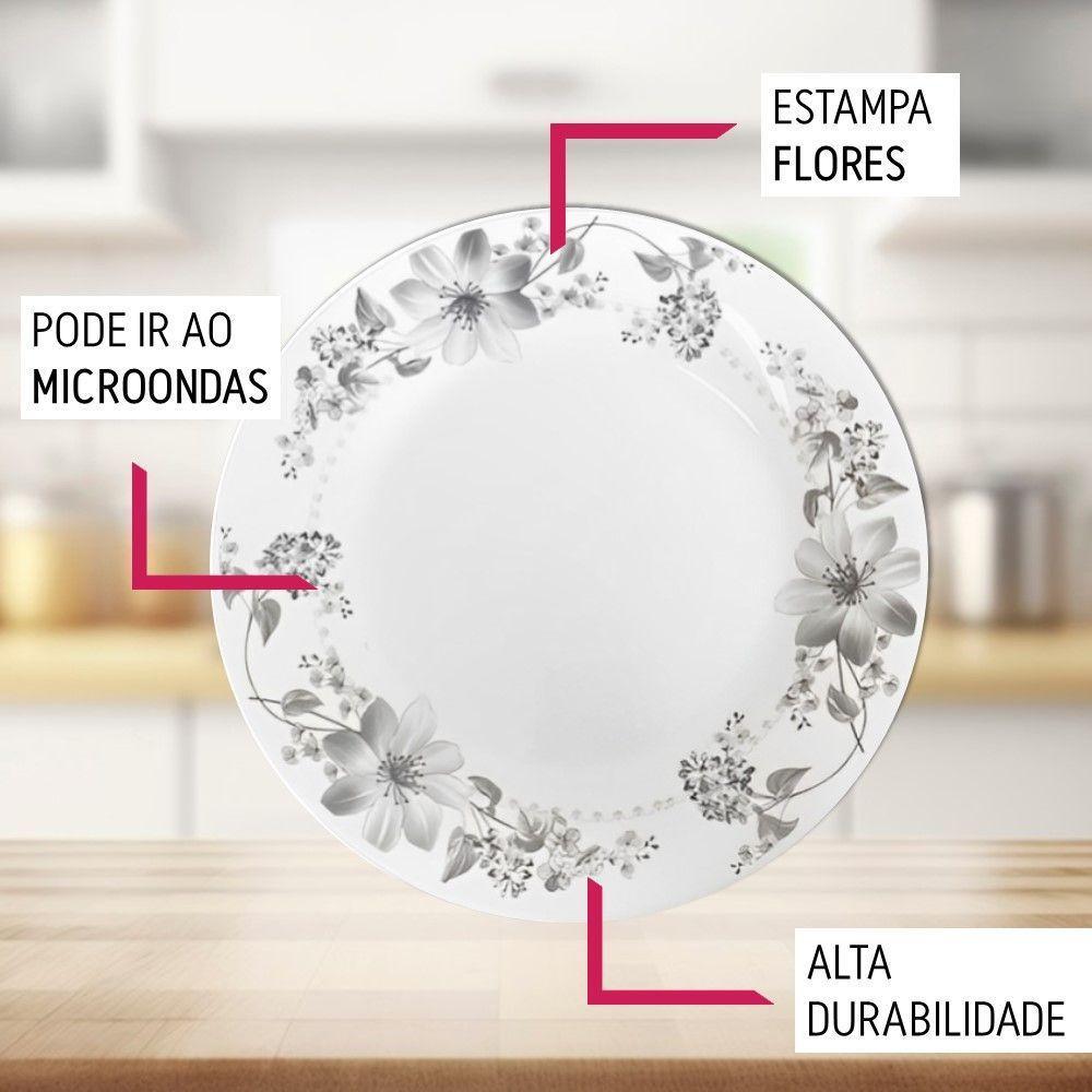 Jogo 8 Prato Raso De Vidro Branco Flores Cinza Flowers Grey 26cm Em Casa Tem - 2