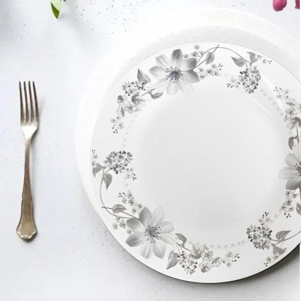 Jogo 8 Prato Raso De Vidro Branco Flores Cinza Flowers Grey 26cm Em Casa Tem - 3