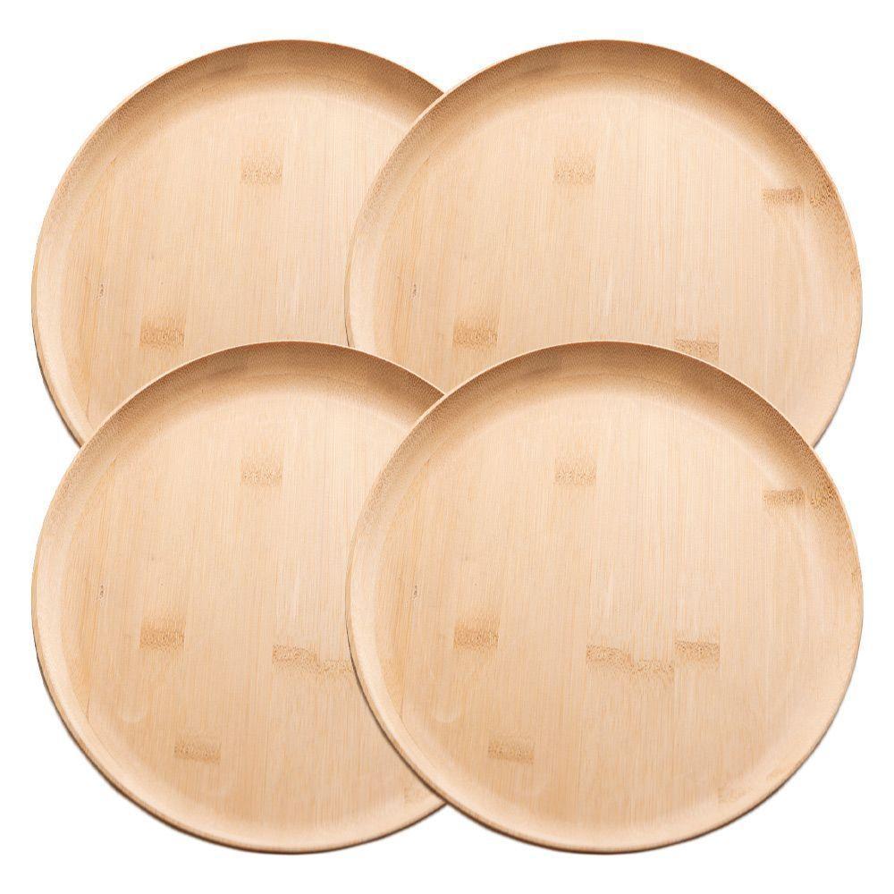 Jogo 4 Prato Raso De Bambu Natural Ecológico Pratinho Madeira Lyor 27cm - 1