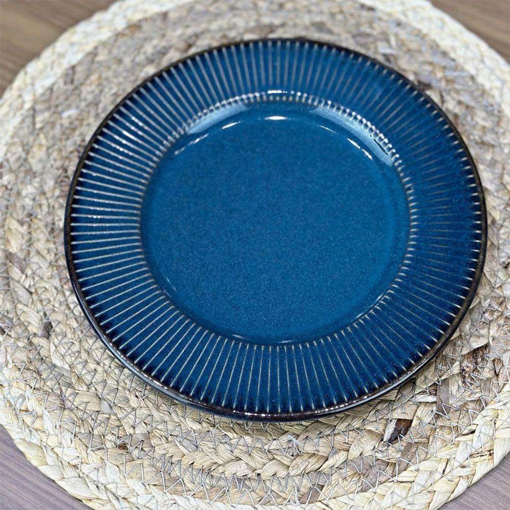 Prato De Sobremesa Ceramica Azul Linear Rústico 20cm Lyor - 1
