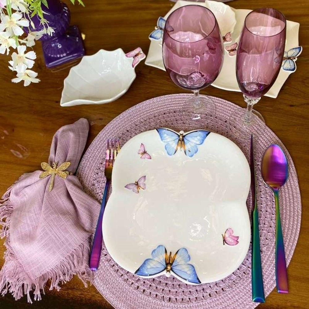 Jogo 4 Prato De Sobremesa Borboletas 19cm Porcelana Branco Wolff - 5