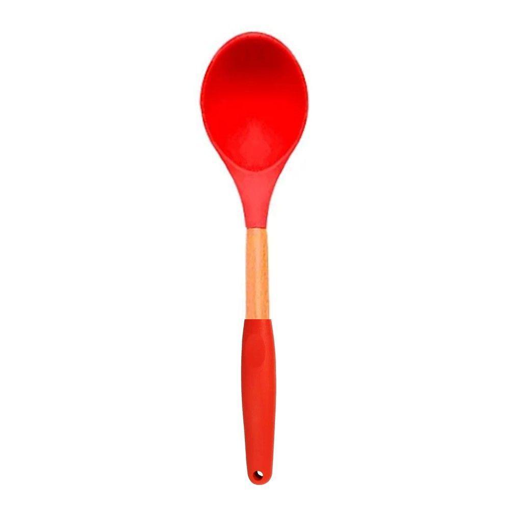 Colher De Silicone Multiuso Com Cabo De Madeira Vermelho Em Casa Tem - 1