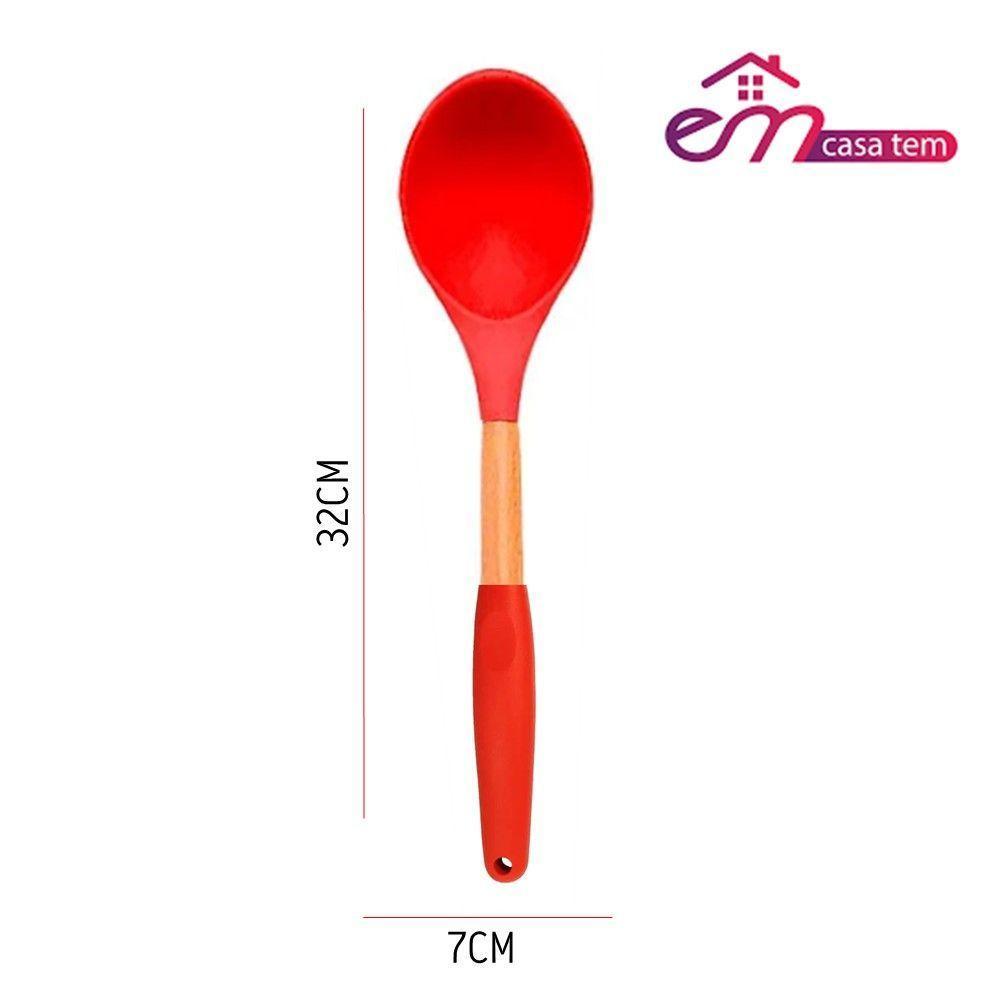 Colher De Silicone Multiuso Com Cabo De Madeira Vermelho Em Casa Tem - 4