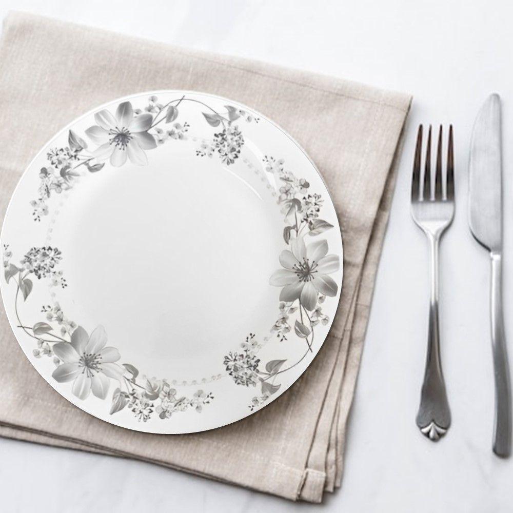 Jogo 6 Prato Raso De Vidro Branco Flores Cinza Flowers Grey 26cm Em Casa Tem - 4