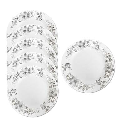 Jogo 6 Prato De Sobremesa Vidro Branco Flores Cinza Flowers Grey 20cm Em Casa Tem