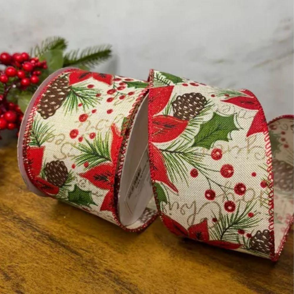 Fita Natalina Poinsetia E Pinha Vermelho Verde 6,3cmx9,14m Cromus - 2