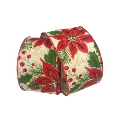 Fita Natalina Poinsetia E Pinha Vermelho Verde 6,3cmx9,14m Cromus