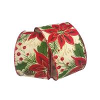 Fita Natalina Poinsetia E Pinha Vermelho Verde 6,3cmx9,14m Cromus - 1
