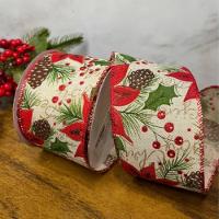 Fita Natalina Poinsetia E Pinha Vermelho Verde 6,3cmx9,14m Cromus - 2