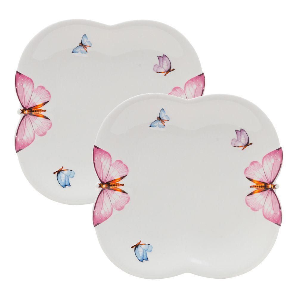 Jogo 2 Prato De Sobremesa Borboletas 19cm Porcelana Branco Wolff - 1