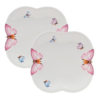 Jogo 2 Prato De Sobremesa Borboletas 19cm Porcelana Branco Wolff