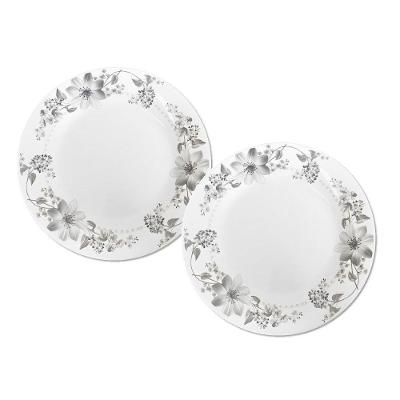 Jogo 2 Prato De Sobremesa Vidro Branco Flores Cinza Flowers Grey 20cm Em Casa Tem