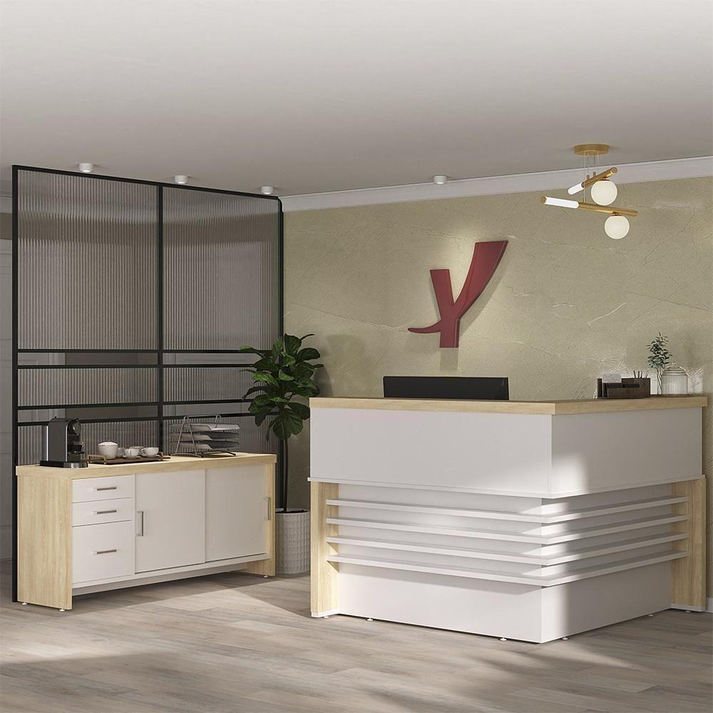 Conjunto Balcão Recepção Em L E Balcão 2 Portas 3 Gavetas Corp A06 Olmo/branco - Mpozenato - 1